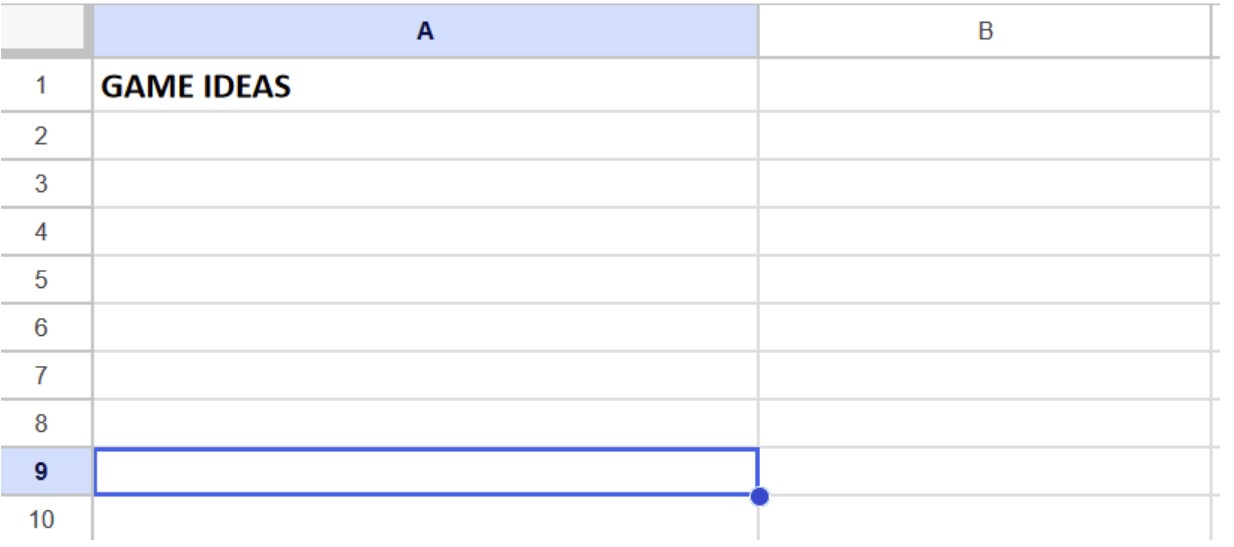 Google spreadsheet with colum title Game Ideas